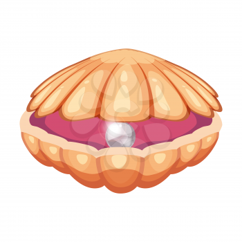 Bright cartoon seashell icon. Colorful shell with a pearl symbol isolated on white background. Vector illustration.
