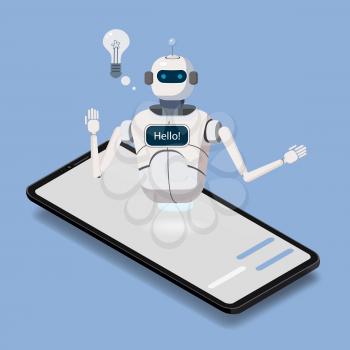 Isometric Science Chat bot, smartphone concept. Artificial Intelligence, Knowledge Expertise Intelligence Learn