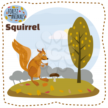 Cute cartoon squirrel on background landscape forest illustration, vector