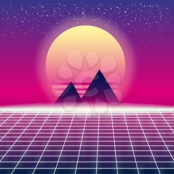 Synthwave Retro Futuristic Landscape With Sun And Styled Laser Grid