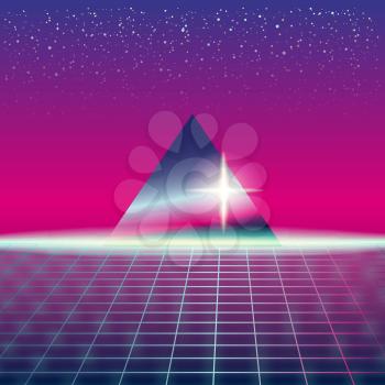 Synthwave Retro Futuristic Landscape With Pyramids And Styled Laser Grid