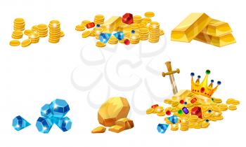 Set Treasure, gold, coins, rock gold nugget bars jewels crown