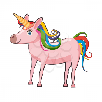 Cute cartoon unicorn on background white illustration, vector