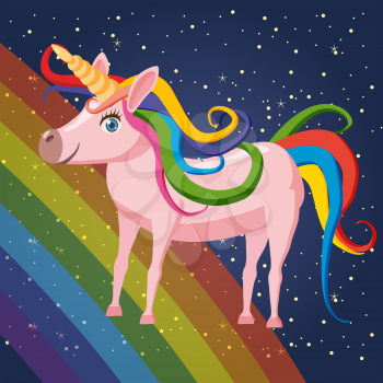 Cute cartoon unicorn on background space rainbow illustration, vector
