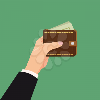 Payment concept. Hand holding wallet with dollars bills isolated. Cartoon vector cartoon illustration for business web design.