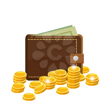 Golden coins and wallet with dollars bank notes in purse. Saving money concept.