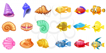 Cartoon Vector game icons with seashell, Colorful coral reef tropical fish, pearl, for underwater match three game, apps on white background.