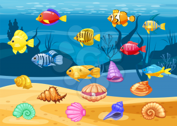 Cartoon Vector game icons with seashell, Colorful coral reef tropical fish, pearl, background underwater, for match three game, apps on white background.