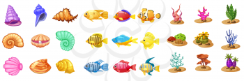 Cartoon Vector game icons with seashell, Colorful coral reef tropical fish, pearl, colorful corals and algae, white background, for match three game, apps on white background