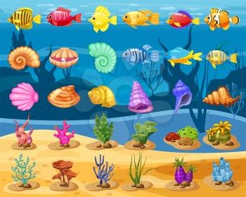 Cartoon Vector game icons with seashell, Colorful coral reef tropical fish, pearl, colorful corals and algae, underwater background, for match three game, apps on white background