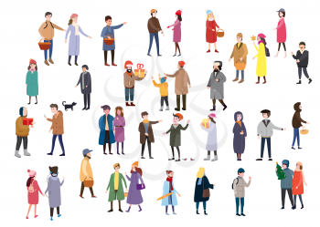Large set of tiny people, characters, dressed in winter clothes or outerwear, walks