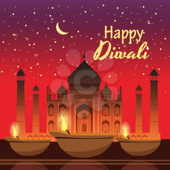 Card design for Diwali festival with beautiful lamps.