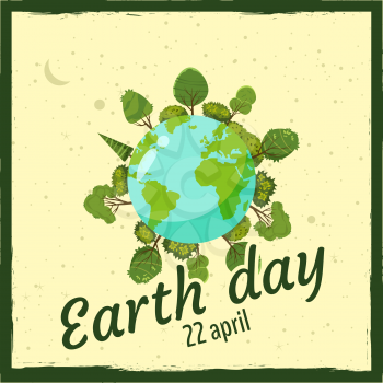 Earth day, planets in a background of space, trees and homes, vector, cartoon style, illustration