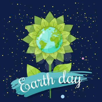 Earth day, planets earth in a stylized flower against a background of space, vector, cartoon style, illustration