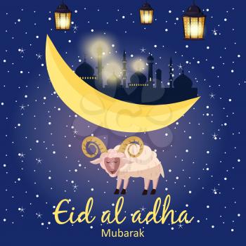 Muslim holiday Eid al-Adha. the sacrifice a ram or white sheep. Graphic design decoration kurban bayrami. Moon, month lamb and a lamp.