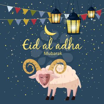Muslim holiday Eid al-Adha. the sacrifice a ram or white sheep. Graphic design decoration kurban bayrami. Moon, month lamb and a lamp.
