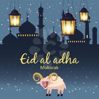Muslim holiday Eid al-Adha. the sacrifice a ram or white sheep. Graphic design decoration kurban bayrami. Month lamb and a lamp.