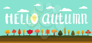 Hello autumn Simple landscape Set of autumn trees, different types, lettering, modern trend design, cute style