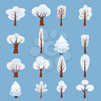 Set of Isolated Winter tree decorate stylized, snow, naked