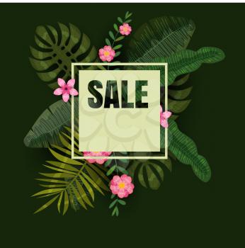 Tropical vector sale design with bright hibiscus flowers and exotic palm leaves on dark background.