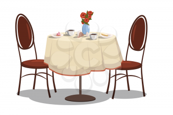 Modern restaurant table with tablecloth, coffe mugs, flowers, and two chairs. Bright colored cartoon vector