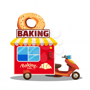 Bakery street food caravan trailer with fresh bread, loaf, baguette, pretzel, croissant. Colorful vector illustration, cute style, isolated on white background