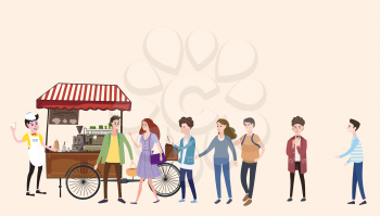 Coffee cart, barista, colored coffee shop outdoor composition, city, with buyers standing in line for coffee, men and women, teenagers, urban scene