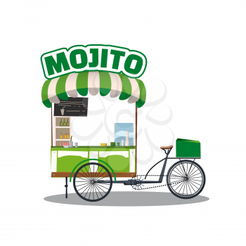 Street food cocktails Mojito drink cart. Fast food delivery beverages. Fast food cart green color on a white background.
