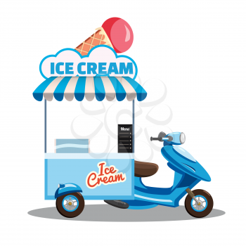 Ice cream street food cart, scooter, moped, truck, with fresh Cones, Sticks, Buckets, Sherbet, Rolled Ice Cream, Soft Serve, Frozen Yogurt Gelato Kulfi Sorbet Faloodeh
