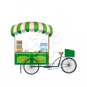 Street food cart, bike cafe stall with stuff concept vector illustration, template