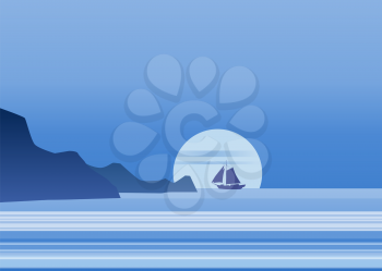 Night moonlight sailboat on blue sea ocean horizon, vector background, rock, sailing illustration