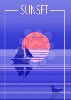 Night, dusk moonlight sailboat on blue sea ocean horizon, vector background, sailing illustration