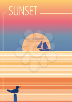 Minimalist sunset in the sea, ocean, with a sailboat and seagulls. Summer holidays