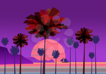 Tropical sunrise at seashore, sea landscape with palms, sailing boat minimalistic illustration. Seascape sunrise or sunset.