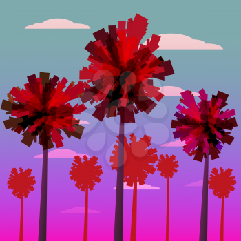 Tropical sunrise at seashore, sea landscape with palms, minimalistic illustration. Seascape sunrise or sunset