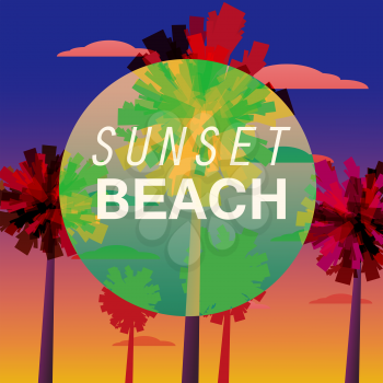 Sunset Beach Flyer, Baner, Invitation Tropical sunrise at seashore, sea landscape with palms, minimalistic illustration.