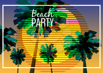 Beach party at seashore, sea landscape with palms, minimalistic illustration. Seascape sunrise or sunset