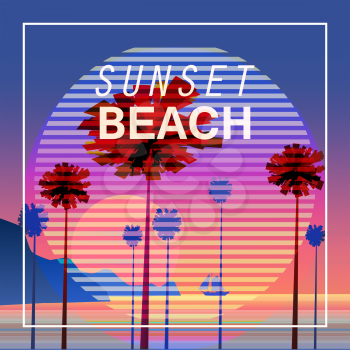 Tropical sunrise at seashore, sea landscape with palms, minimalistic illustration. Seascape sunrise or sunset