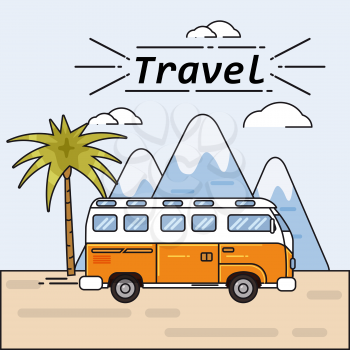 Bus summer trip vector illustratione on summer holidays. Traveler bus poster. Palm fnd vountains background on road trip.