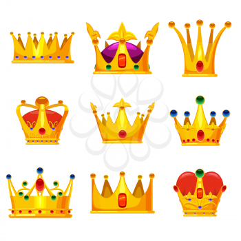 Set royal golden crowns with jewels, vector cartoon icons isolated on white background.