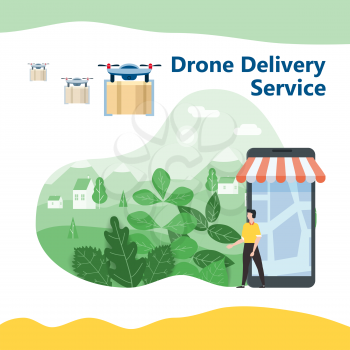 The concept of delivery of the drone flies with the mai