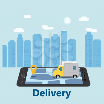 Delivery Van Express concept. Checking delivery service app on mobile phone online tracking