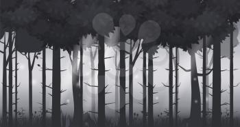 Cartoon illustration of background forest. Bright forest woods, silhouttes, trees with bushes, ferns and flowers