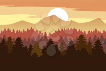 Forest, mountains, silhouettes of pine trees, firs panorama horizon