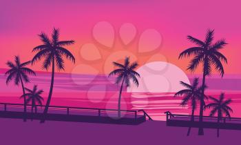 Sunset, ocean, evening, palm trees sea shore vector illustration isolated