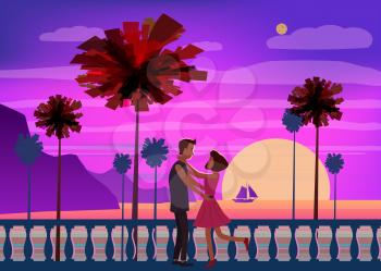 Sunset ocean, sea, palm trees, mountains, embankment, the setting sun, seascape. Meeting a couple in love romance love