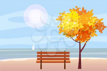 Autumn landscape on the sea, ocean, tree, wooden bench, sailboat panorama