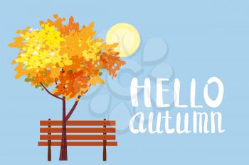 Autumn landscape, Hello Autumn lettering, tree, wooden bench autumnal mood