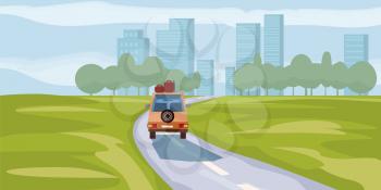 Road way to city buildings on horizon vector illustration, highway cityscape flat style, modern big skyscrapers town far away ahead, forest perspective landscape and city view