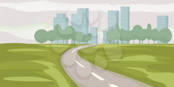 Road way to city buildings on horizon vector illustration, highway cityscape flat style, modern big skyscrapers town far away ahead, forest perspective landscape and city view